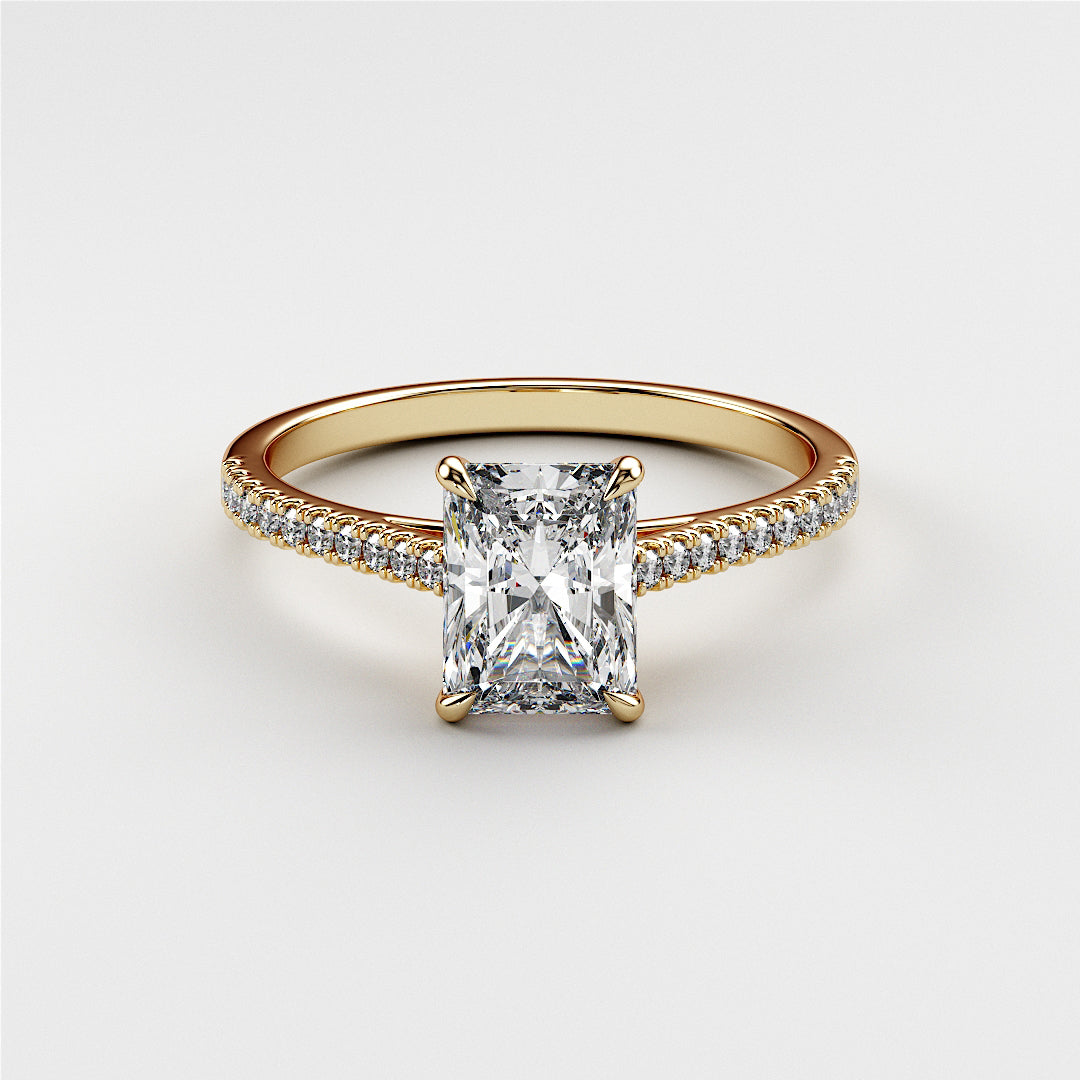Radiant-cut diamond engagement ring with pave band in 14K or 18K yellow gold or platinum. Elegant and stunning design.|




#14KRecycledYellowGold
#18KRecycledYellowGold





