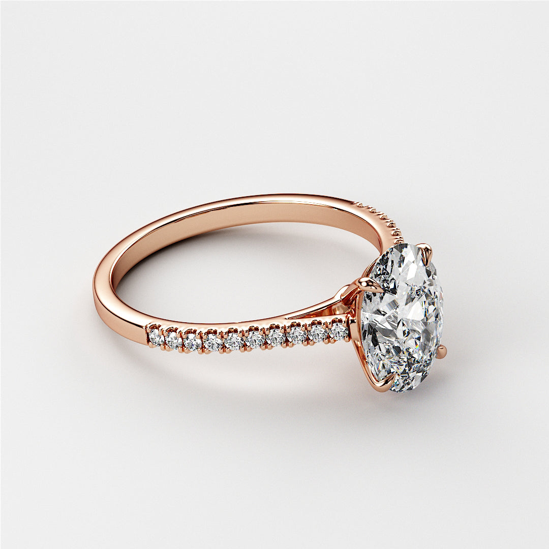 Elegant 14K rose gold engagement ring with an oval-cut diamond center and sparkling pave band, side view.