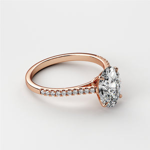 Elegant 14K rose gold engagement ring with an oval-cut diamond center and sparkling pave band, side view.