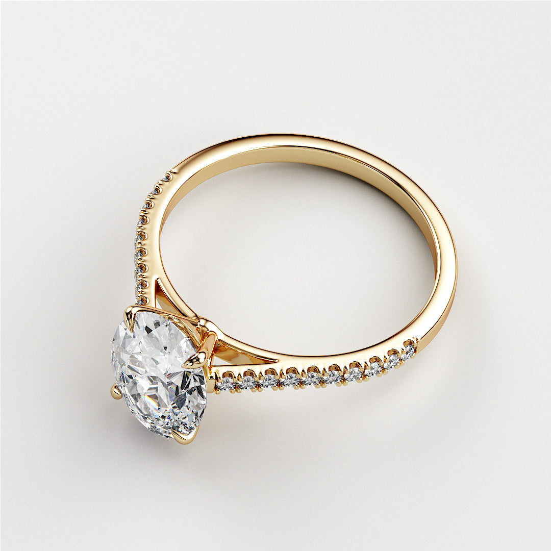 Elegant 14K and 18K gold or platinum engagement ring with an oval-cut diamond and diamond-accented band.