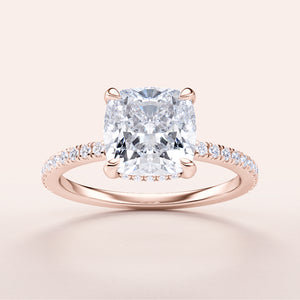 Elegant 14K/18K rose gold cushion-cut diamond engagement ring withPave band, showcasing stunning brilliance.
