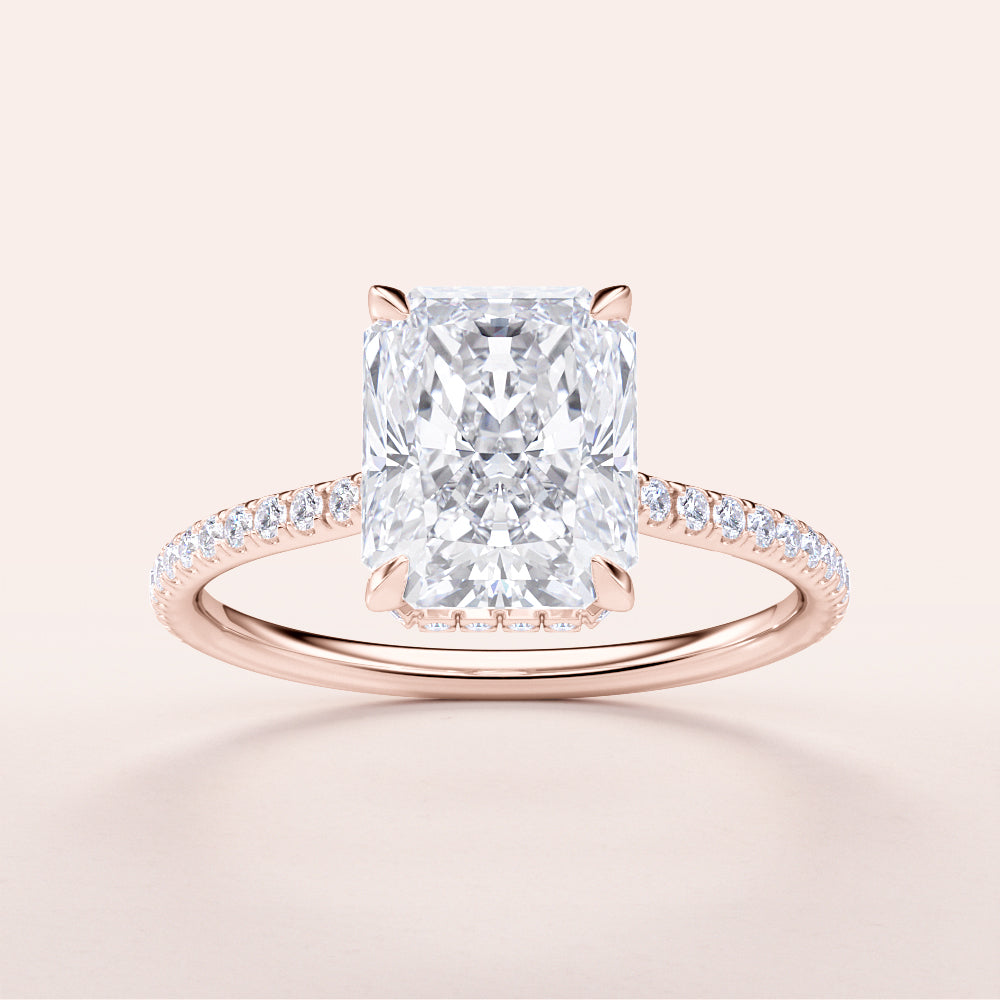 Radiant cut diamond engagement ring withPave band in 14K or 18K rose gold or platinum, not worn on a model.|







#14KRecycledRoseGold
#18KRecycledRoseGold


