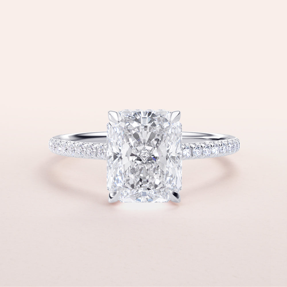 Radiant cut diamond engagement ring with pave band in 14K, 18K gold or platinum, elegant and timeless piece of jewelry.|

#14KRecycledWhiteGold
#18KRecycledWhiteGold








#Platinum