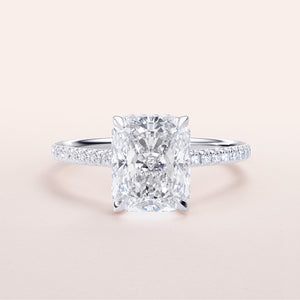 Radiant cut diamond engagement ring with pave band in 14K, 18K gold or platinum, elegant and timeless piece of jewelry.