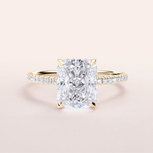 Radiant cut diamond engagement ring in 14K or 18K yellow gold, featuring aPave band and a classic four-prong setting.