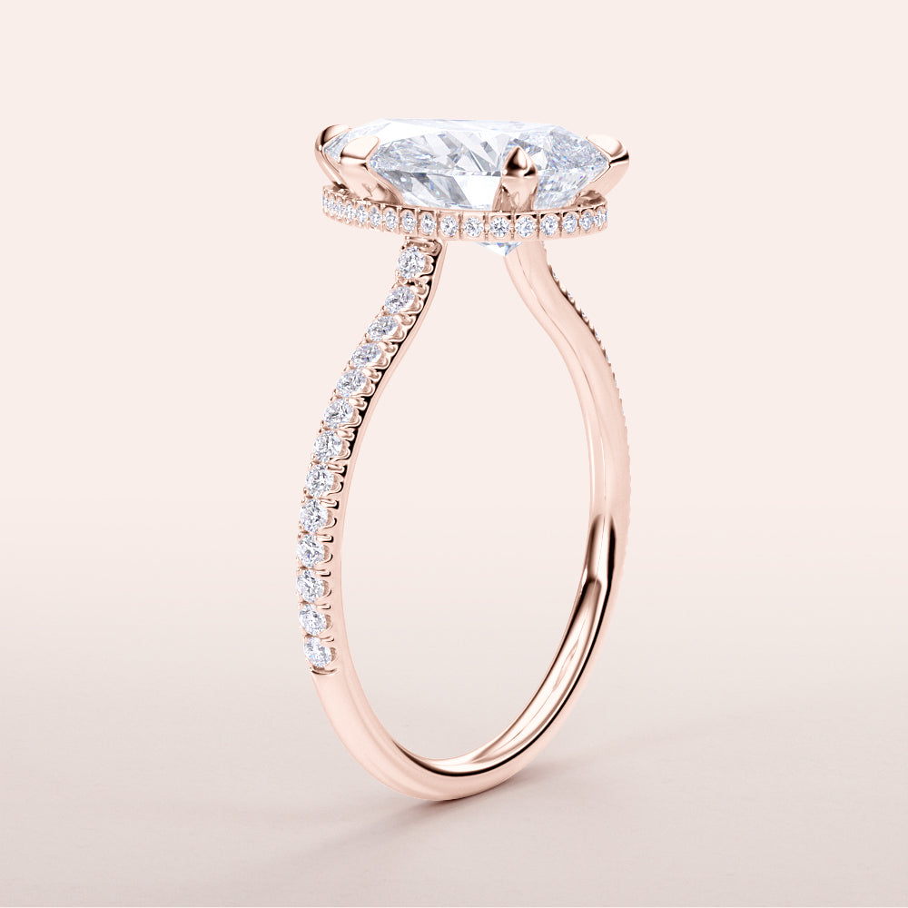Exquisite rose gold engagement ring with elongated hexagonal diamond,Pave band, available in 14K, 18K, or platinum.|







#14KRecycledRoseGold
#18KRecycledRoseGold


