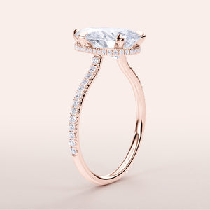 Exquisite rose gold engagement ring with elongated hexagonal diamond,Pave band, available in 14K, 18K, or platinum.