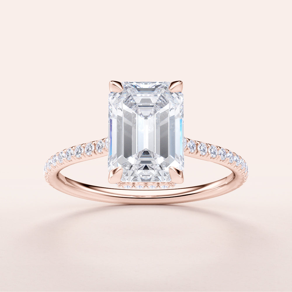 Emerald-cut diamond engagement ring with pave band, crafted in 14K or 18K rose gold and platinum. Elegant and stunning design.|







#14KRecycledRoseGold
#18KRecycledRoseGold



