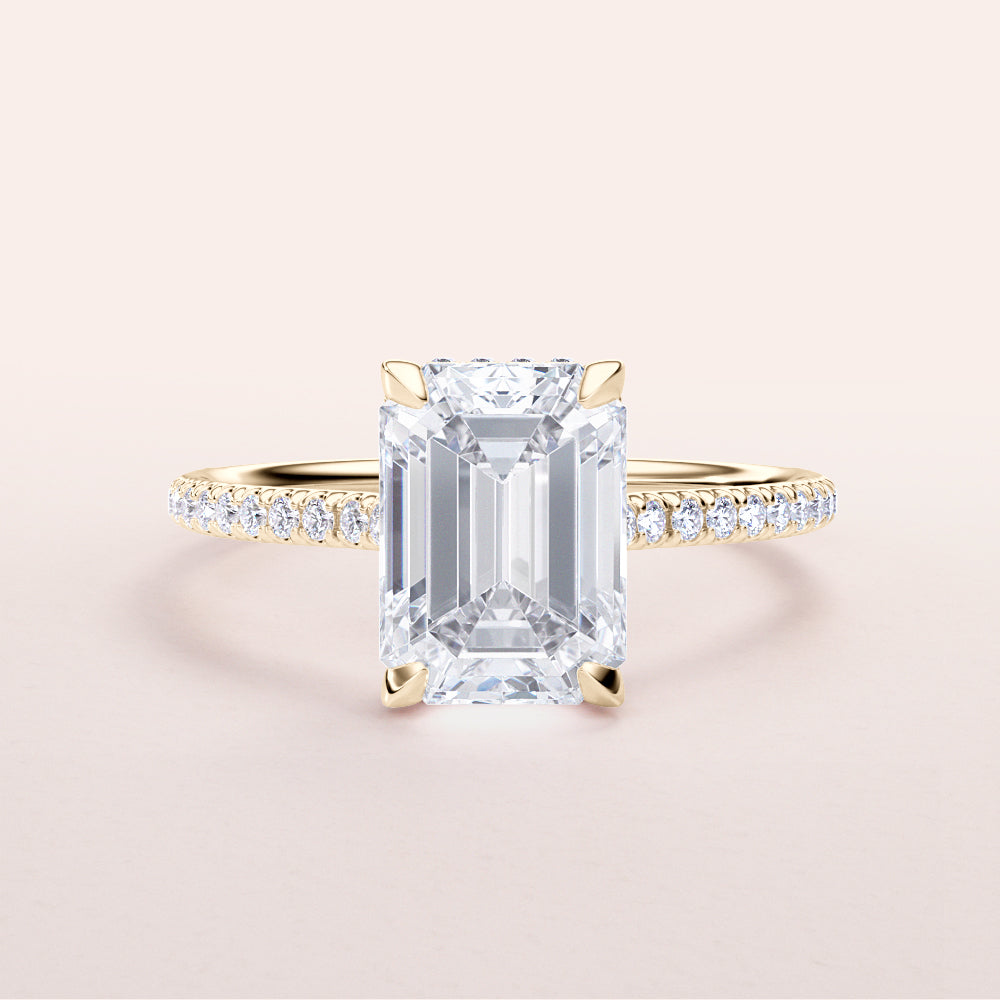 Elegant 14K or 18K Gold Engagement Ring with Emerald-Cut Diamond, Pave Band, and Hidden Halo - WE-024 Phoebus