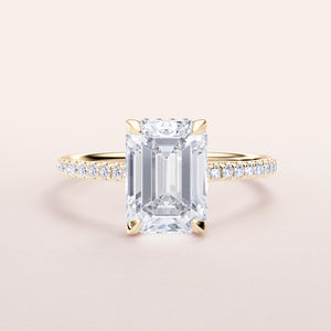 Elegant 14K or 18K Gold Engagement Ring with Emerald-Cut Diamond, Pave Band, and Hidden Halo - WE-024 Phoebus