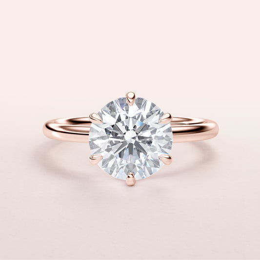 Close-up of a round brilliant-cut diamond solitaire engagement ring in rose gold, set in a sleek band, available in 14K, 18K, or platinum.