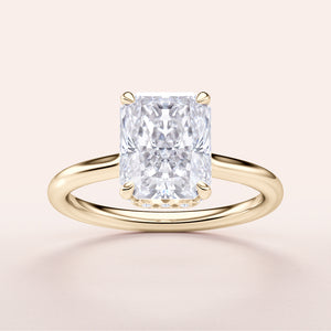 Radiant cut diamond ring in 14K gold, featuring an invisible gallery and hidden halo, perfect for modern elegance.