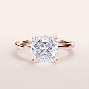 Elegant rose gold cushion-cut diamond engagement ring, available in 14K, 18K or platinum, with a timeless design and hidden halo.