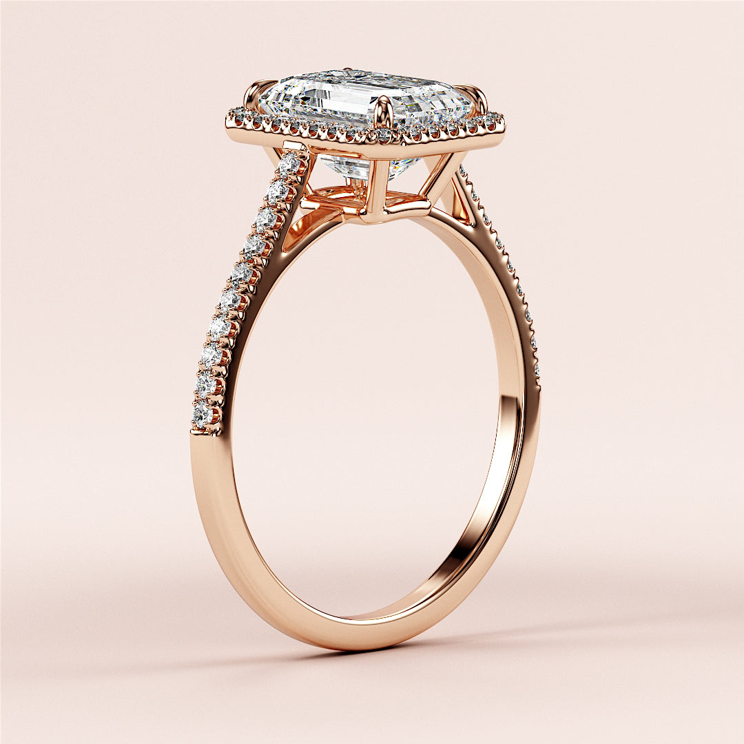 Elegant rose gold engagement ring featuring an asscher-cut diamond set in aPave diamond band, available in 14K or 18K.