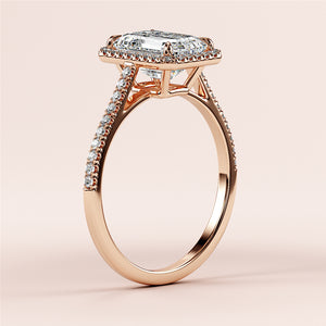 Elegant rose gold engagement ring featuring an asscher-cut diamond set in aPave diamond band, available in 14K or 18K.