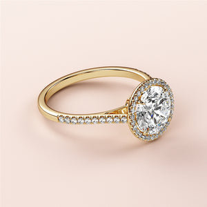 14K and 18K Gold Round Cut Diamond Halo Engagement Ring with Pave Band - Elegant Jewelry Piece for Timeless Romance.