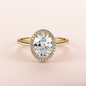 Elegant 14K or 18K gold halo oval diamond engagement ring with pave-set diamonds, perfect for special occasions.