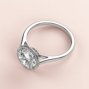14K/18K White Gold Round Halo Cathedral Engagement Ring with Plain Band - Sparkling Diamond Detail