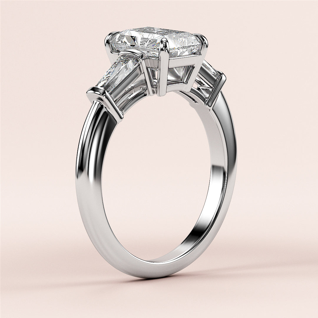 14K or 18K White Gold Three-Stone Emerald-Cut Diamond Engagement Ring, Sparkling Tapered Baguettes, Not Worn on Model