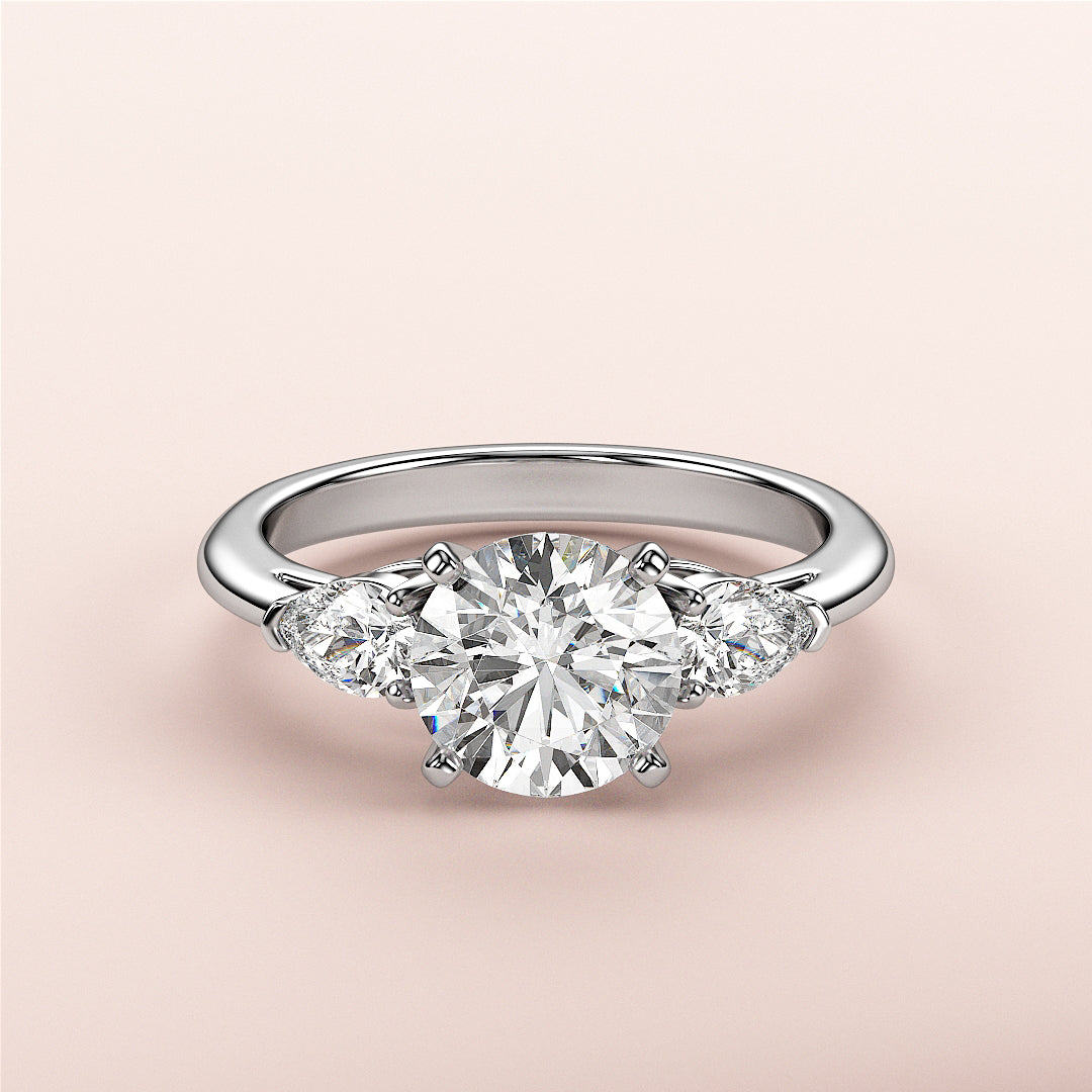 Three-Stone Round Diamond Engagement Ring in 14K/18K White Gold or Platinum - Elegant and Timeless Design.