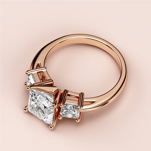 Elegant rose gold three-stone engagement ring with a princess-cut diamond, available in 14K or 18K gold and platinum.