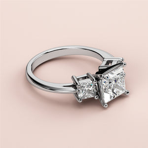 Elegant 14K/18K white gold engagement ring featuring princess-cut and square-cut diamonds in a stunning three-stone design.