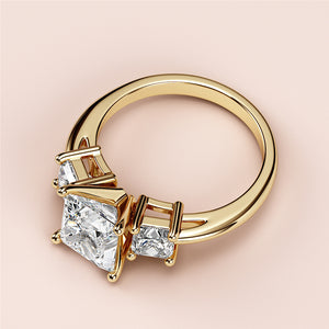 Exquisite 14K yellow gold three-stone engagement ring featuring a stunning princess-cut diamond centerpiece.