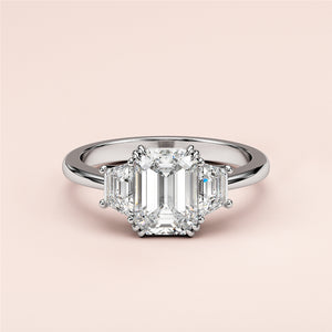 Three-Stone Emerald Cut Diamond Ring in 14K White Gold, front view, showcasing exquisite craftsmanship and elegance.