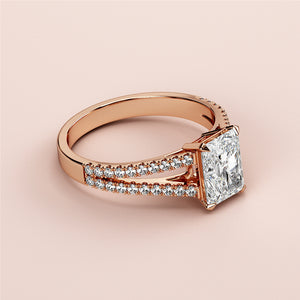 Elegant rose gold engagement ring, featuring a princess-cut diamond and pave-set diamonds, available in 14K, 18K, and platinum.
