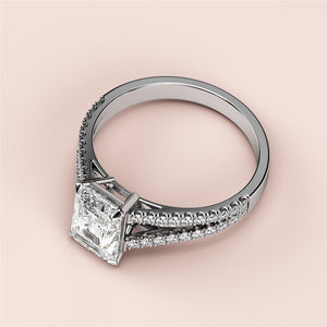 Radiant-cut diamond engagement ring with a double pave band, available in 14K, 18K, or platinum settings.