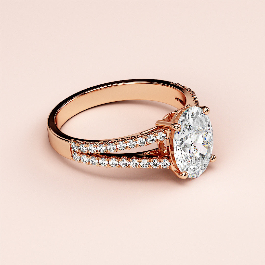 Elegant rose gold engagement ring with oval cut diamond and diamond accents, available in 14K, 18K gold, or platinum.|







#14KRecycledRoseGold
#18KRecycledRoseGold


