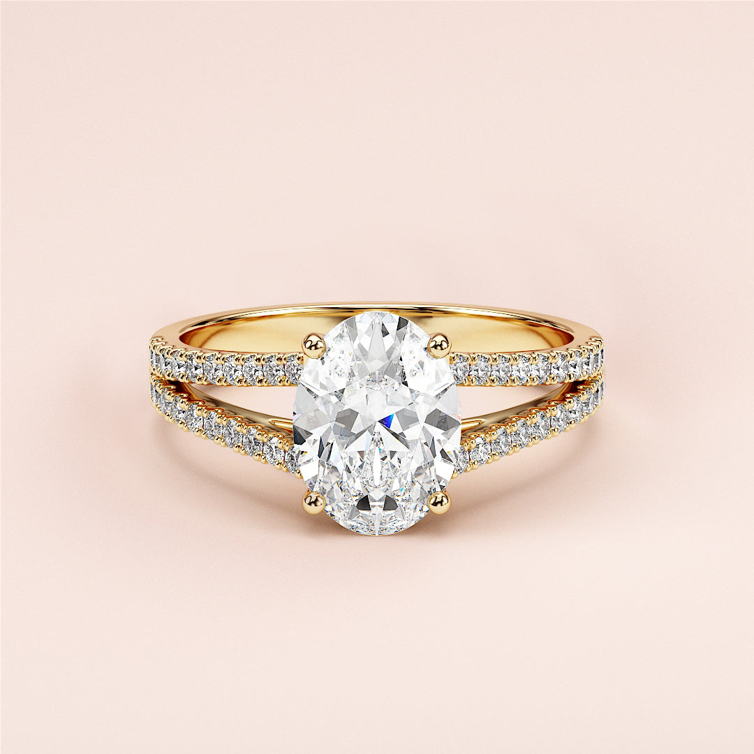 Elegant yellow gold oval-cut diamond engagement ring with split shank andPave accents, available in 14K, 18K, or platinum.|




#14KRecycledYellowGold
#18KRecycledYellowGold





