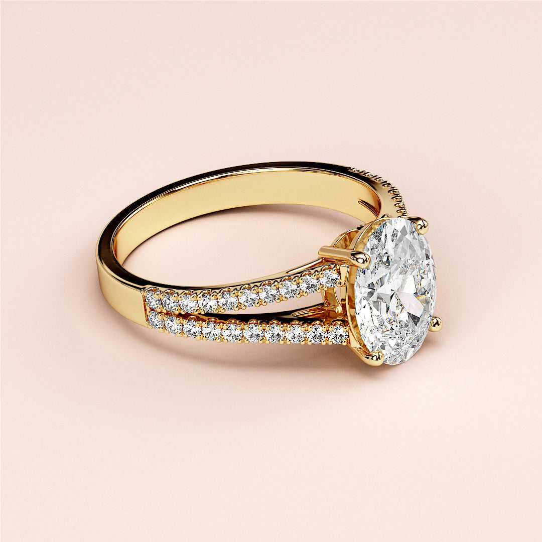 Elegant 14K yellow gold engagement ring featuring an oval diamond and a double band of round diamonds for timeless beauty.|




#14KRecycledYellowGold
#18KRecycledYellowGold






