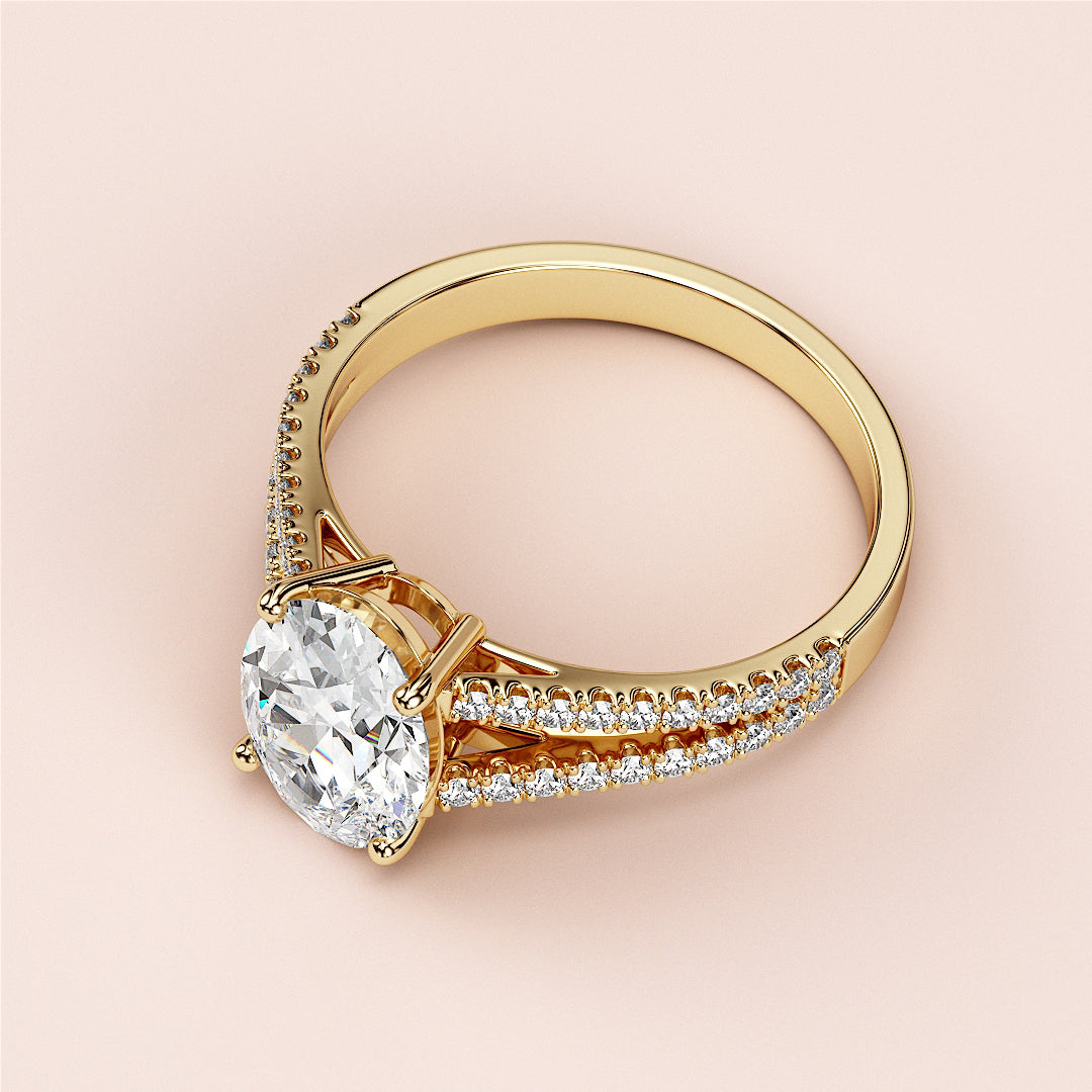 Elegant 14K gold oval cathedral split shank engagement ring with pave accents and round cut diamond sparkle.|




#14KRecycledYellowGold
#18KRecycledYellowGold





