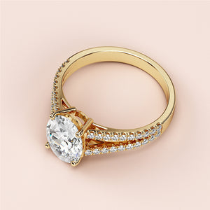 Elegant 14K gold oval cathedral split shank engagement ring with pave accents and round cut diamond sparkle.