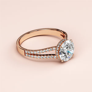 "Elegant 14K/18K rose gold engagement ring with round-cut diamond, hidden halo, and split-shank pave band."