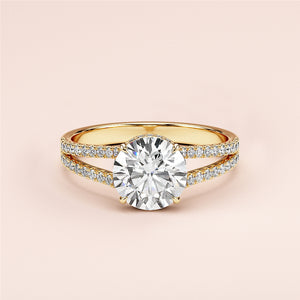 Elegant 14K or 18K yellow gold round diamond engagement ring with split shank band and pave-set diamonds, perfect for proposals.