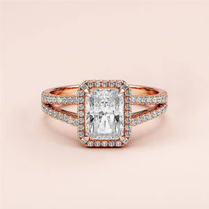 Elegant 14K or 18K rose gold engagement ring with radiant-cut diamond, split shank, andPave-set accents for sophisticated style.