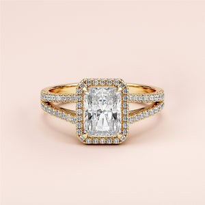 Elegant 14K/18K gold or platinum radiant halo split shank engagement ring with diamond center andPave accents.
