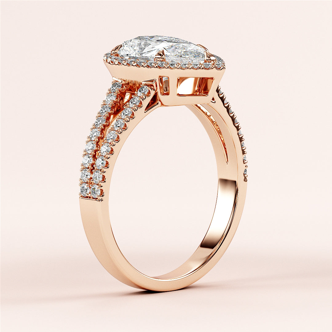 Elegant marquise-cut diamond engagement ring, double row of pave diamonds, in 14K or 18K rose gold or platinum settings.|







#14KRecycledRoseGold
#18KRecycledRoseGold


