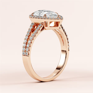Elegant marquise-cut diamond engagement ring, double row of pave diamonds, in 14K or 18K rose gold or platinum settings.
