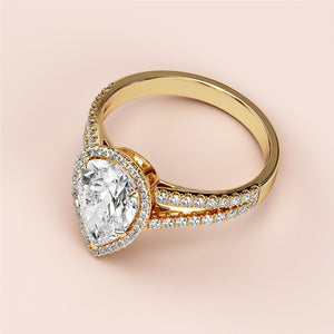 14K Gold Pear-Shaped Diamond Engagement Ring with Halo Setting and Pave Band, Elegant Cathedral Design.