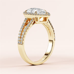 14K Yellow Gold pear halo split shank cathedralPave band engagement ring with marquise diamond and accents. Elegant luxury piece.