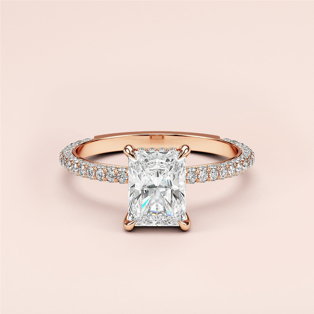"Elegant rose gold engagement ring with radiant-cut diamond center andPave accents, available in 14K, 18K, or platinum."|







#14KRecycledRoseGold
#18KRecycledRoseGold


