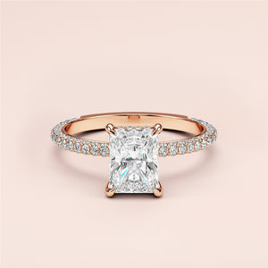 "Elegant rose gold engagement ring with radiant-cut diamond center andPave accents, available in 14K, 18K, or platinum."