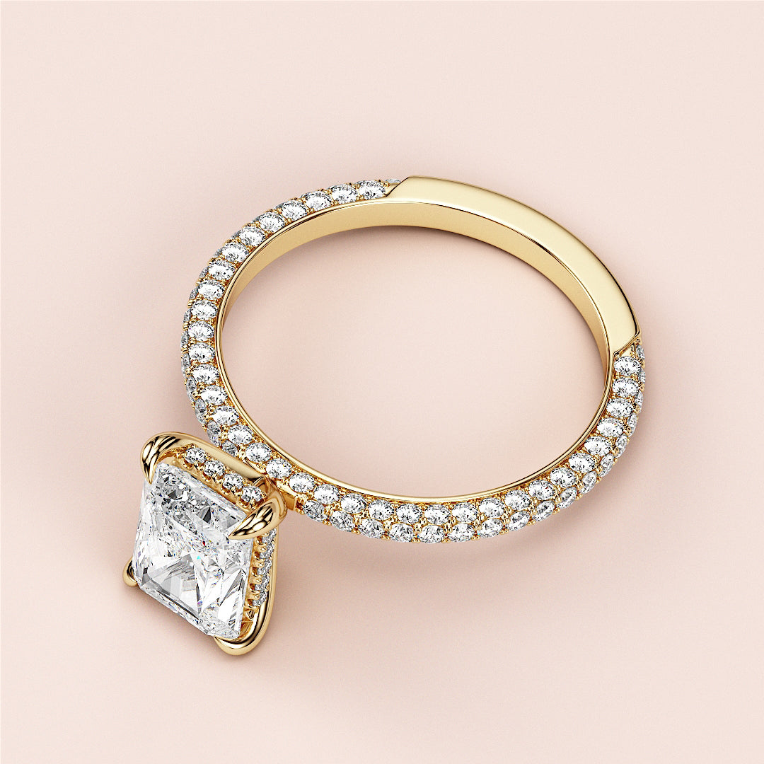 Stunning 14K and 18K yellow gold engagement ring with cushion-cut diamond,Pave band, and brilliant small diamonds.|




#14KRecycledYellowGold
#18KRecycledYellowGold





