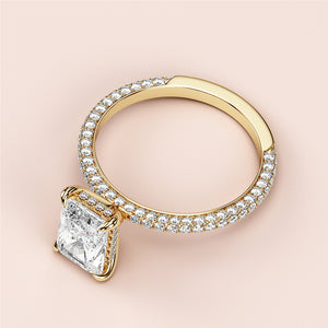 Stunning 14K and 18K yellow gold engagement ring with cushion-cut diamond,Pave band, and brilliant small diamonds.