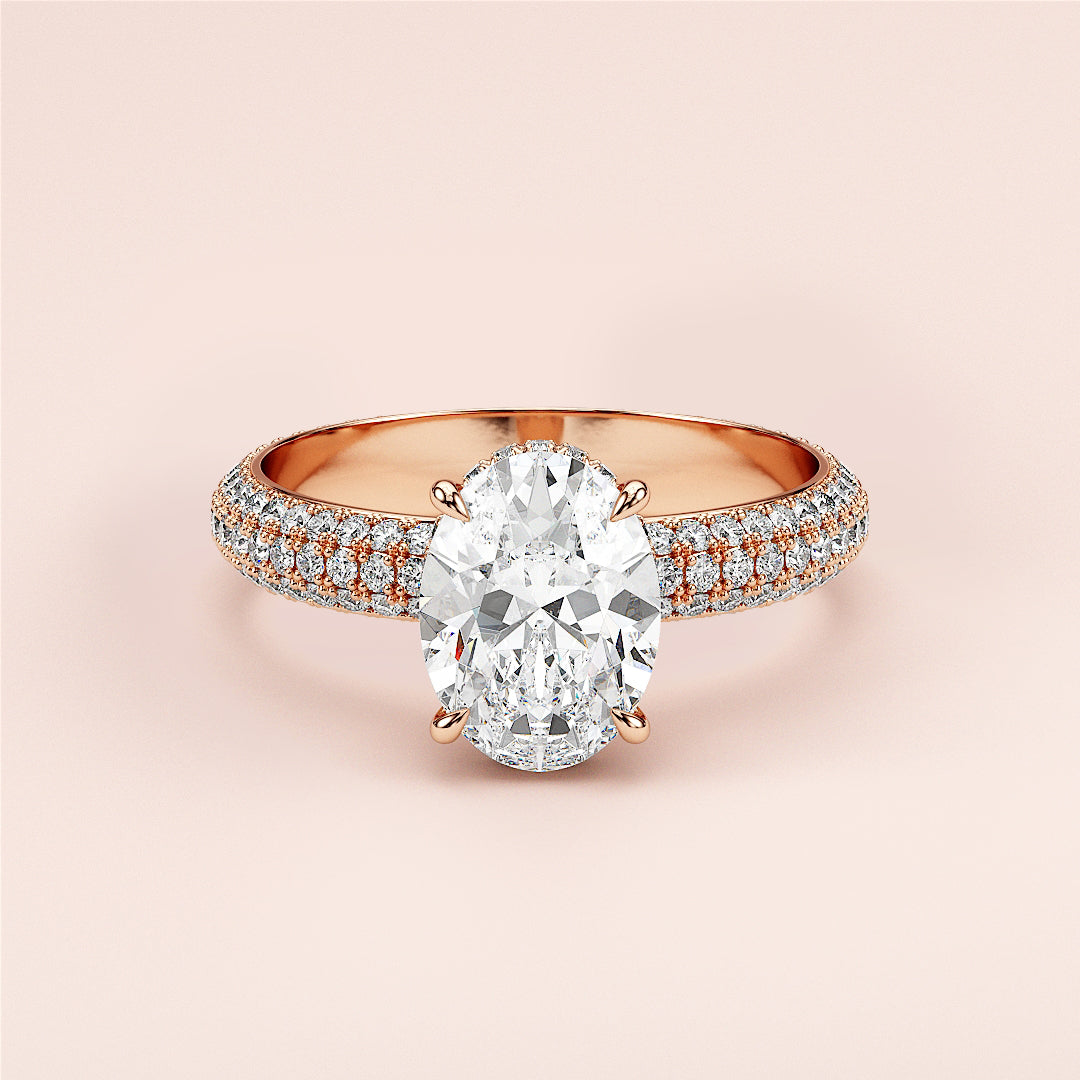 Elegant 14K or 18K rose gold engagement ring with an oval diamond and accent stones, perfect for a timeless proposal.|







#14KRecycledRoseGold
#18KRecycledRoseGold


