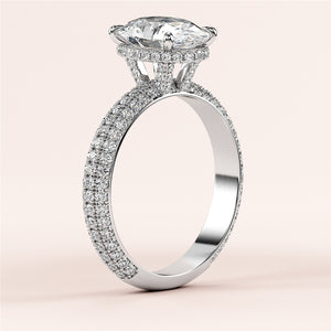 Elegant 14K white gold engagement ring featuring an oval diamond with hidden halo accents andPave diamonds, showcasing timeless beauty.