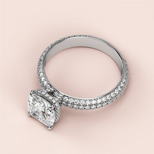 Elegant 14K/18K white gold cushion-cut diamond engagement ring withPave band, showcasing fine craftsmanship and shimmering brilliance.